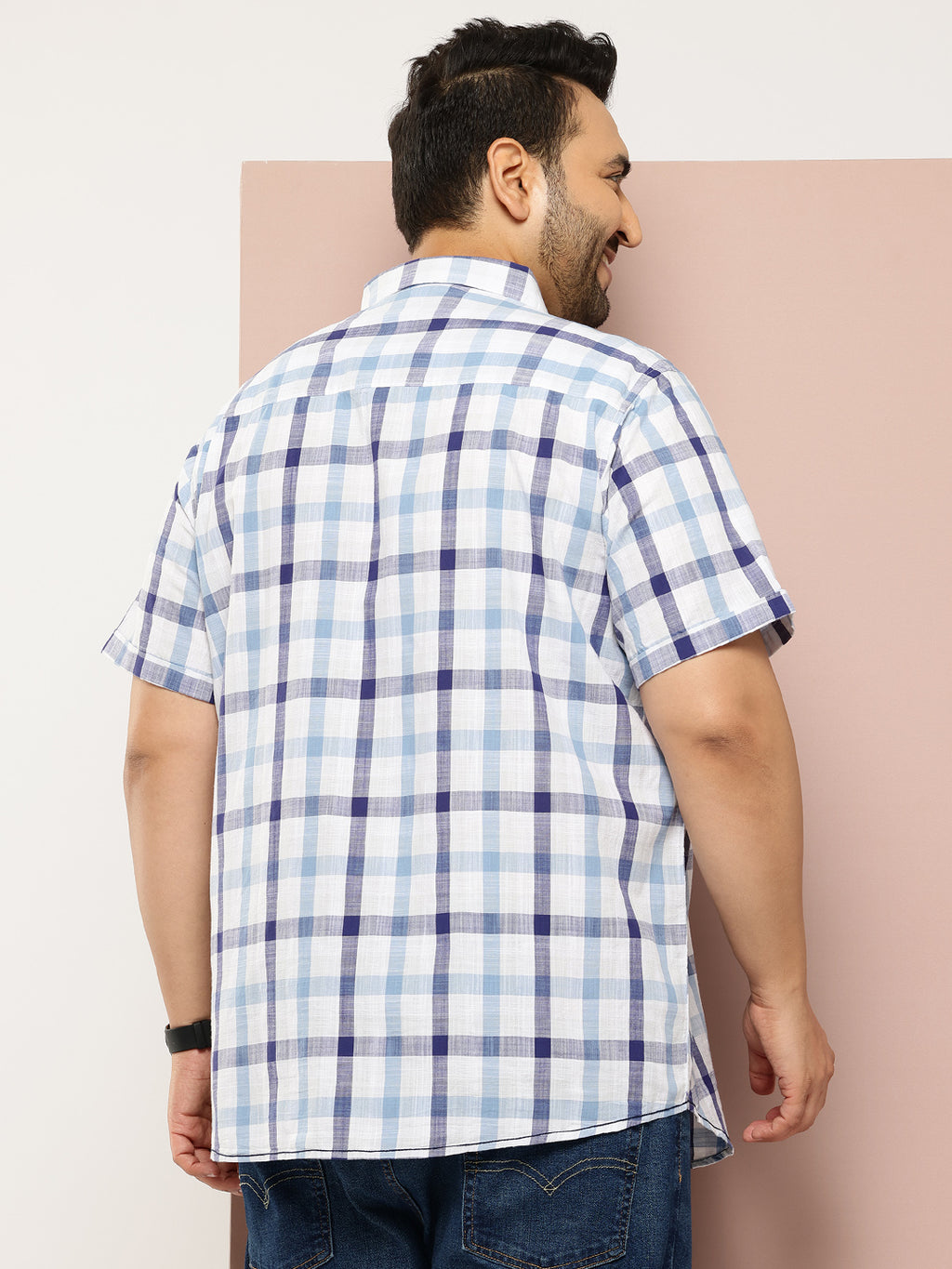 Thomas Scott Men Blue Plus Size Regular Fit Short Sleeves Spread Collar Tartan Checks Casual Shirt