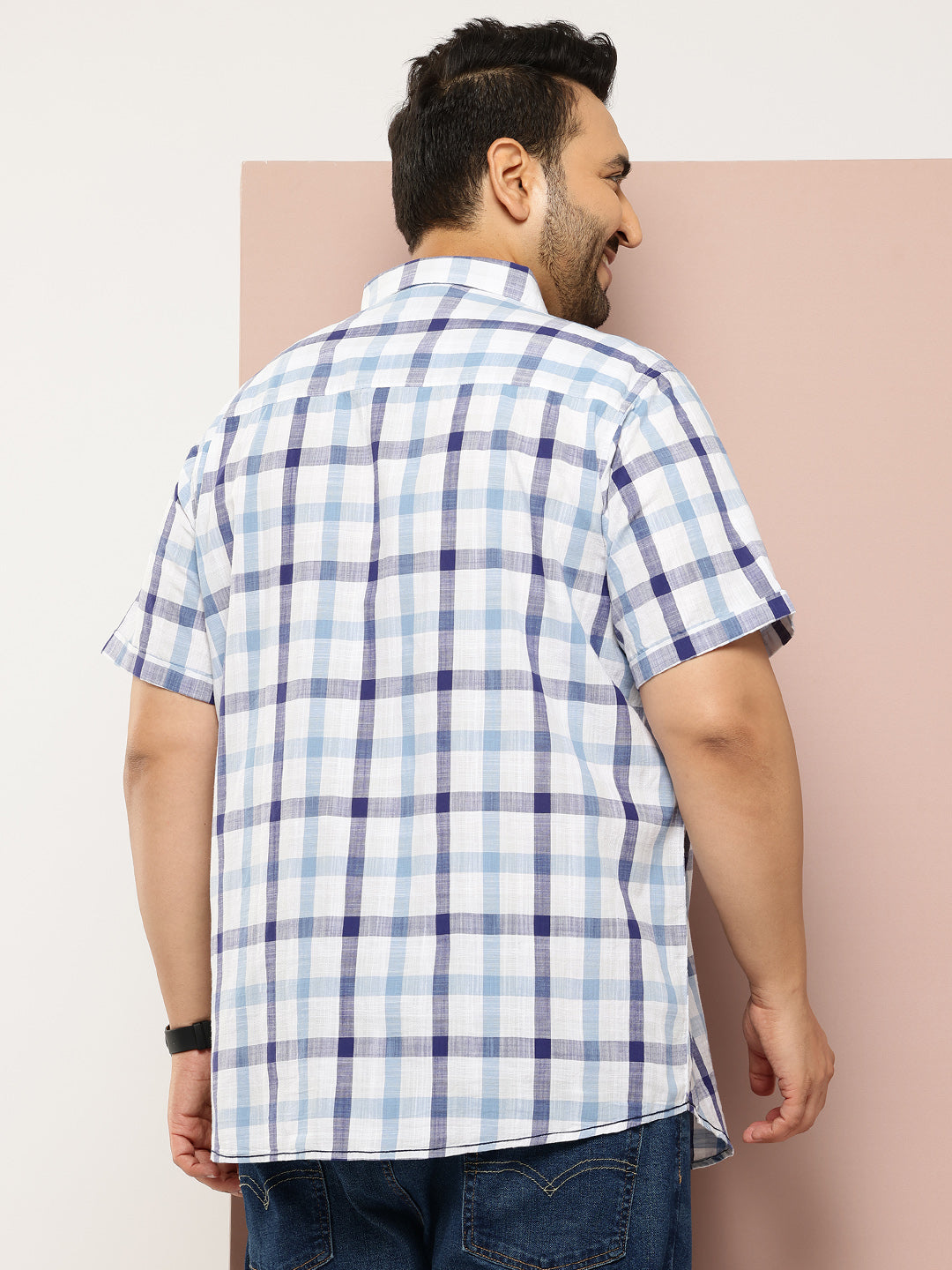 Thomas Scott Men Blue Plus Size Regular Fit Short Sleeves Spread Collar Tartan Checks Casual Shirt
