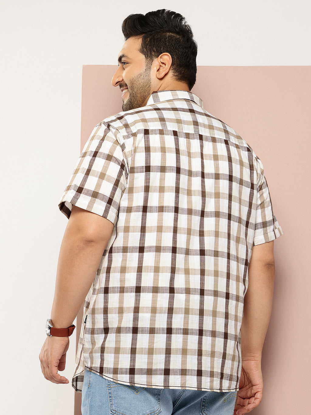 Thomas Scott Men Brown Plus Size Regular Fit Short Sleeves Spread Collar Tartan Checks Casual Shirt