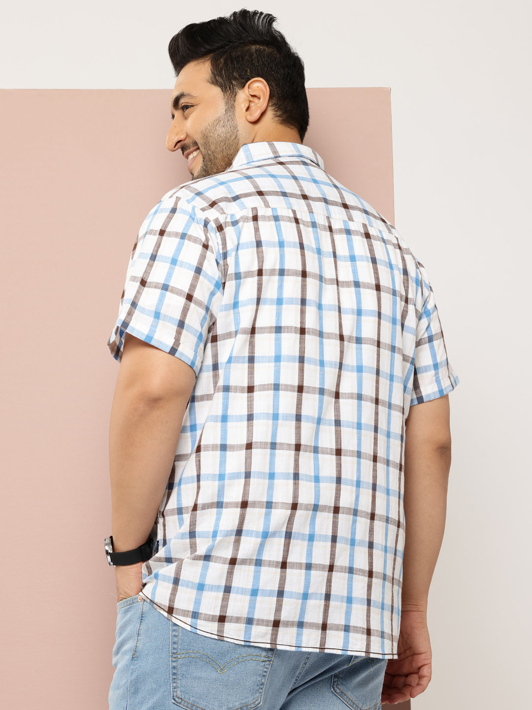 Thomas Scott Men Blue Plus Size Regular Fit Short Sleeves Spread Collar Tartan Checks Casual Shirt