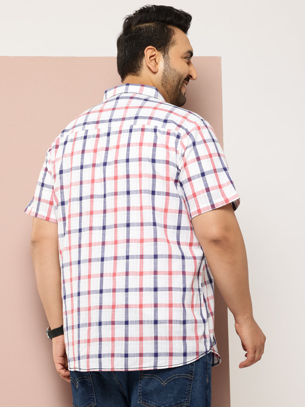Thomas Scott Men Red Plus Size Regular Fit Short Sleeves Spread Collar Tartan Checks Casual Shirt