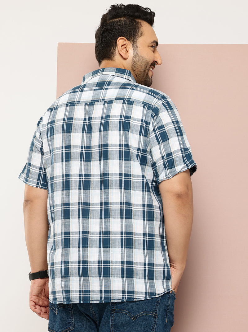 Thomas Scott Men Blue Plus Size Regular Fit Short Sleeves Spread Collar Windowpane Checks Casual Shirt