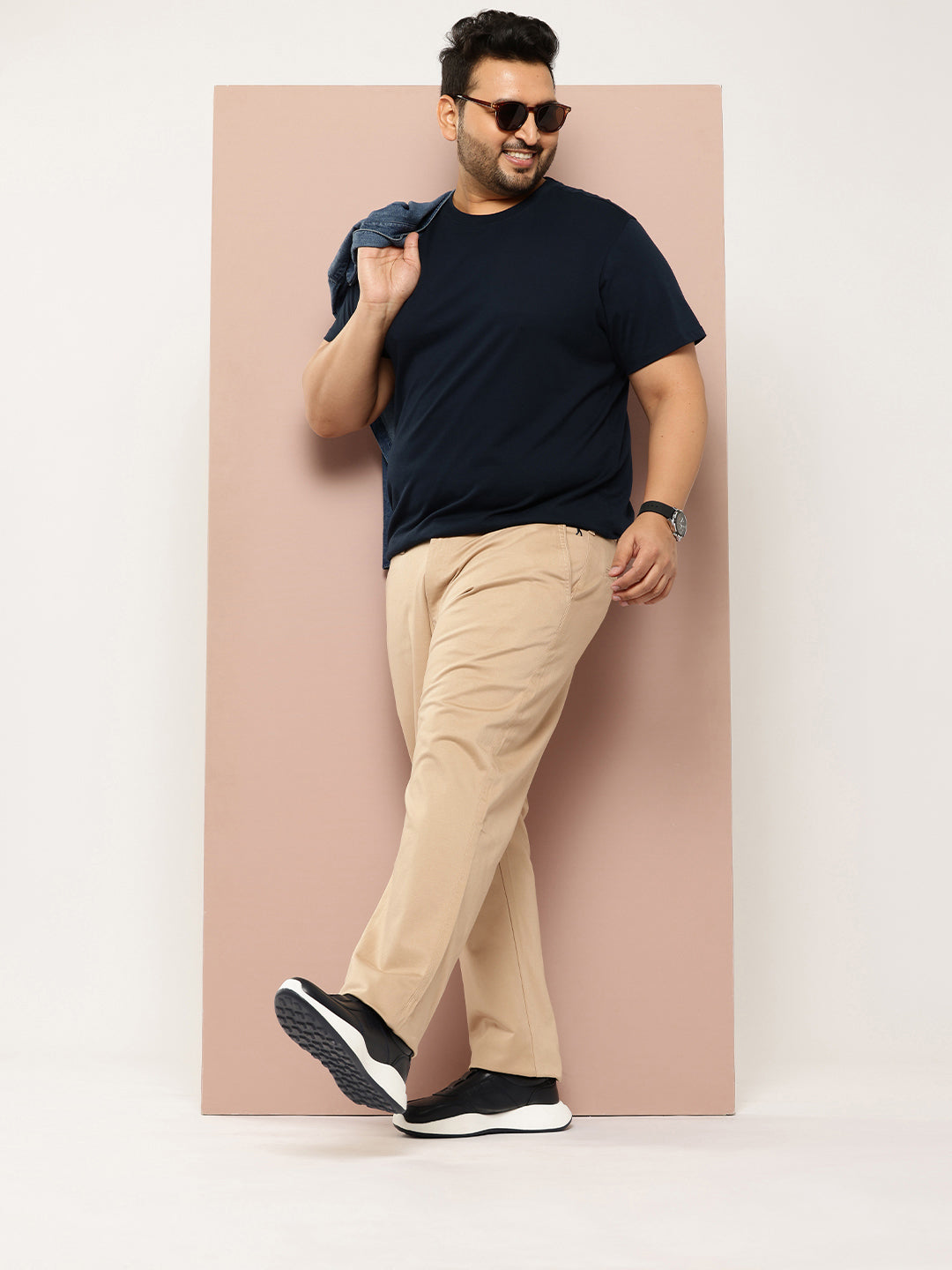 Thomas Scott Men Beige Plus Size Straight Fit Mid-Rise Solid Woven Chinos Trouser