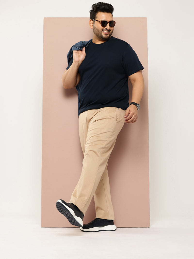 Thomas Scott Men Beige Plus Size Straight Fit Mid-Rise Solid Woven Chinos Trouser