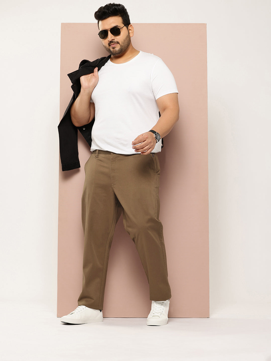 Thomas Scott Men Khaki Plus Size Straight Fit Mid-Rise Solid Woven Chinos Trouser