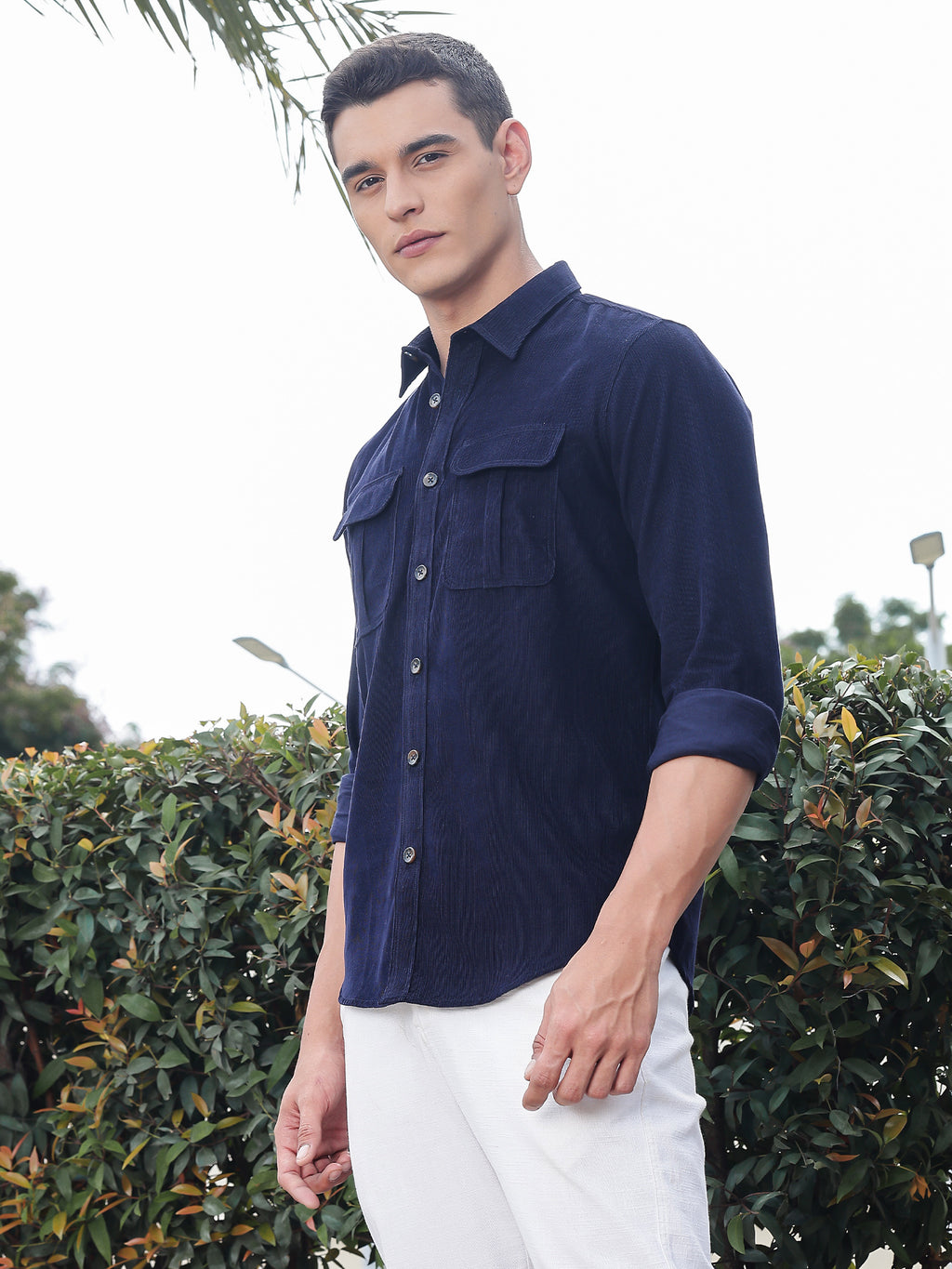 Thomas Scott Men Navy Slim Fit Long Sleeves Corduroy Casual Shirt