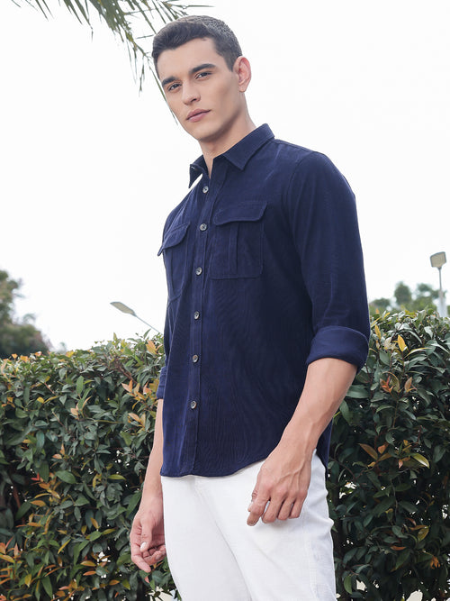 Thomas Scott Men Navy Slim Fit Long Sleeves Corduroy Casual Shirt