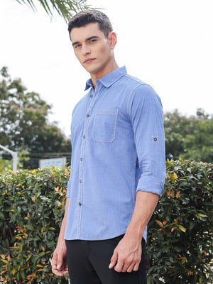 Thomas Scott Men Blue Slim Fit Long Sleeves Spread Collar Filafil Casual Shirt