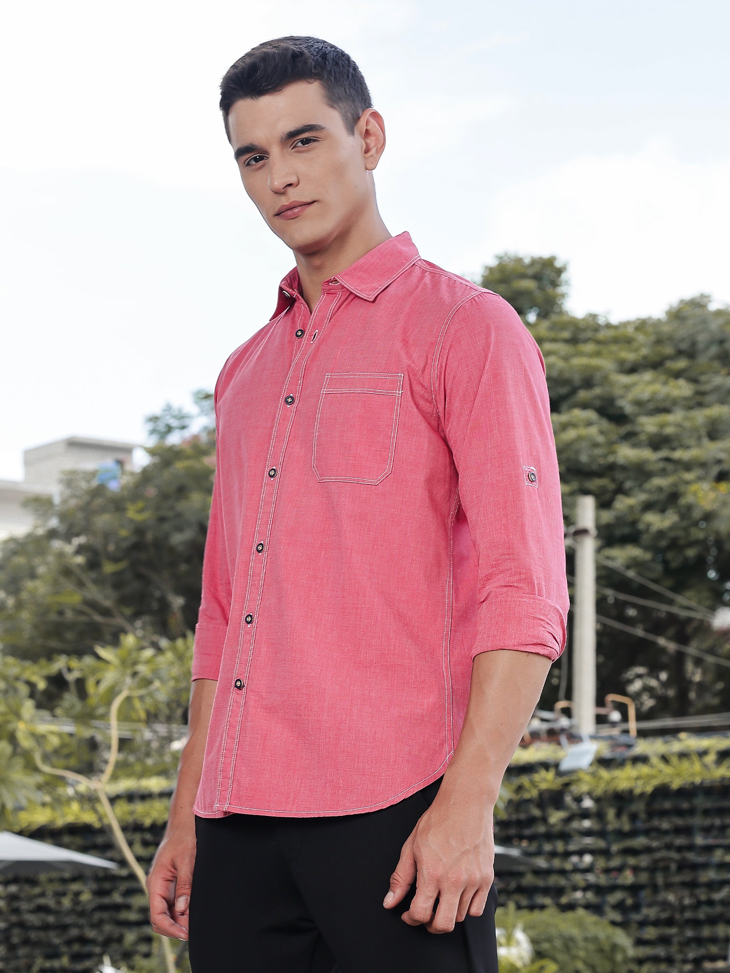 Thomas Scott Men Red Slim Fit Long Sleeves Spread Collar Filafil Casual Shirt