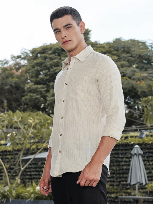 Thomas Scott Men Beige Slim Fit Long Sleeves Vertical Stripes Linen Casual Shirt