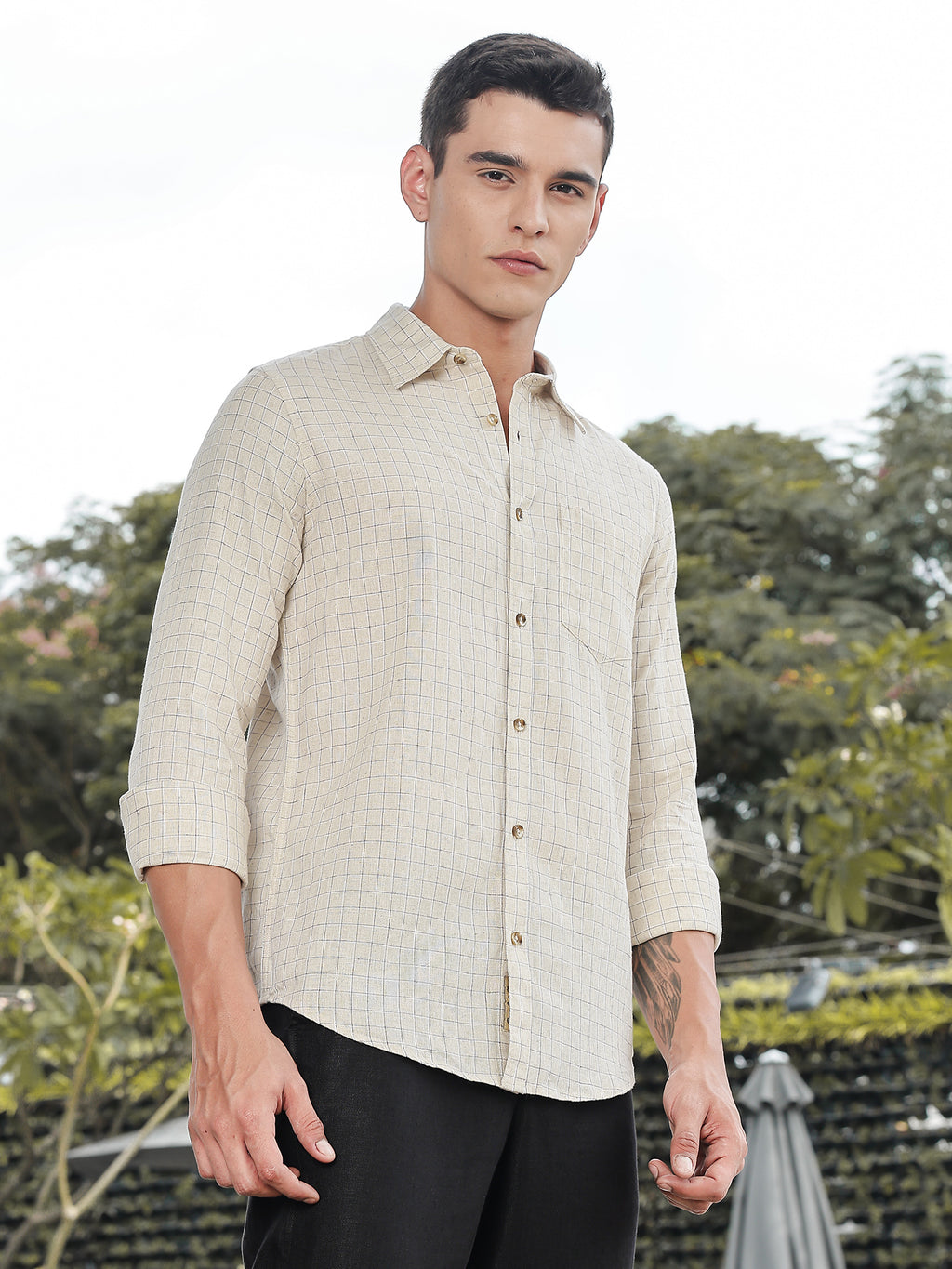 Thomas Scott Men Khaki Slim Fit Long Sleeves Windowpane Checks Linen Casual Shirt