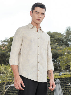 Thomas Scott Men Khaki Slim Fit Long Sleeves Windowpane Checks Linen Casual Shirt