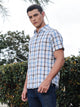 Blue Slim Fit Short Sleeves Spread Collar Tartan Checks Casual Shirt For Men
