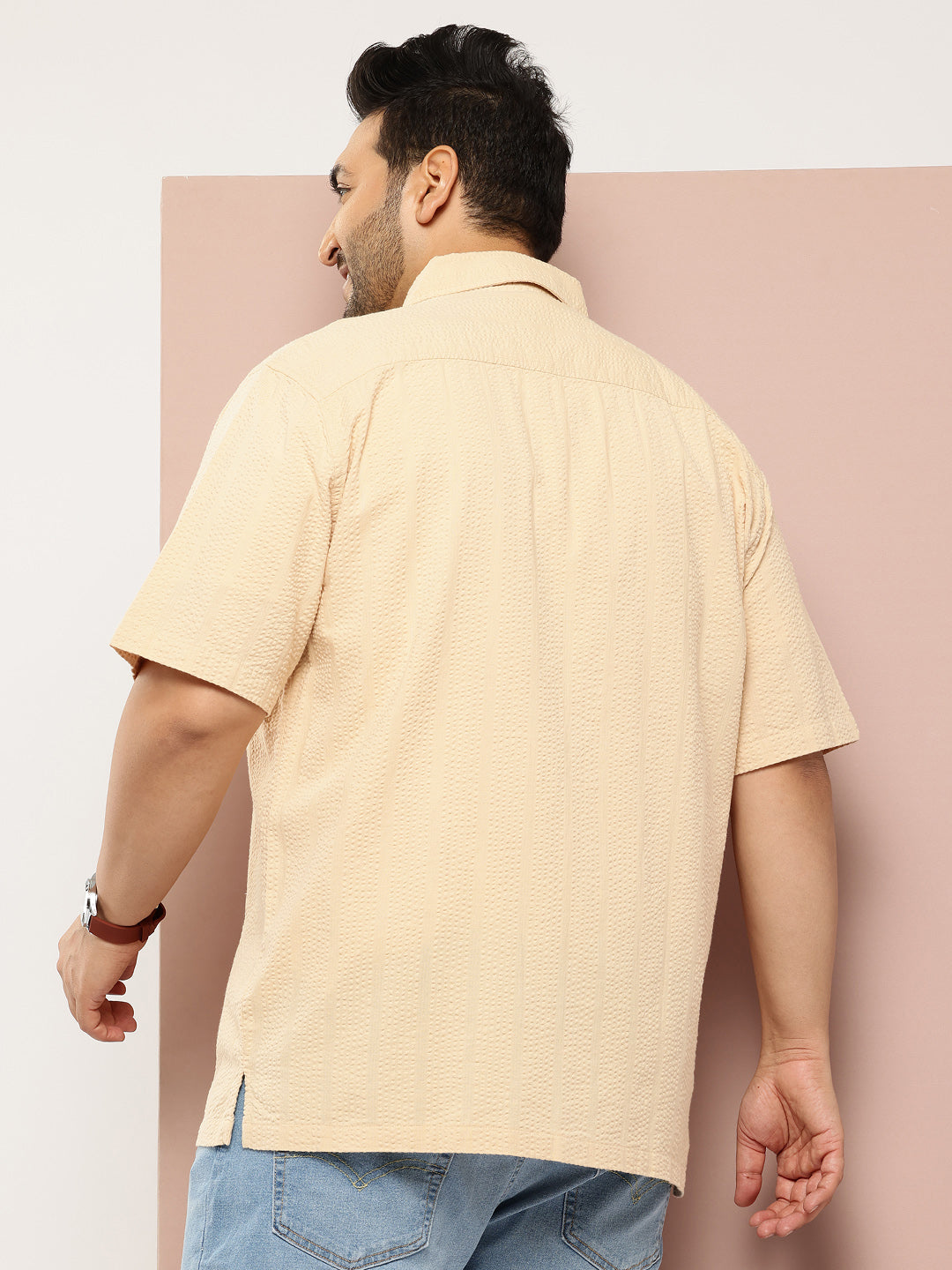 Thomas Scott Men Beige Plus Size Regular Fit Short Sleeves Cotton Seersucker Shirt