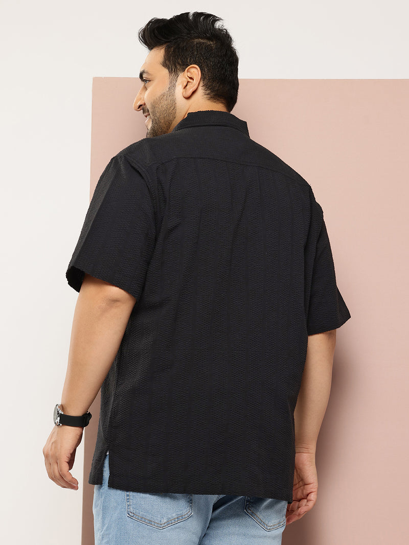 Thomas Scott Men Black Plus Size Regular Fit Short Sleeves Cotton Seersucker Shirt