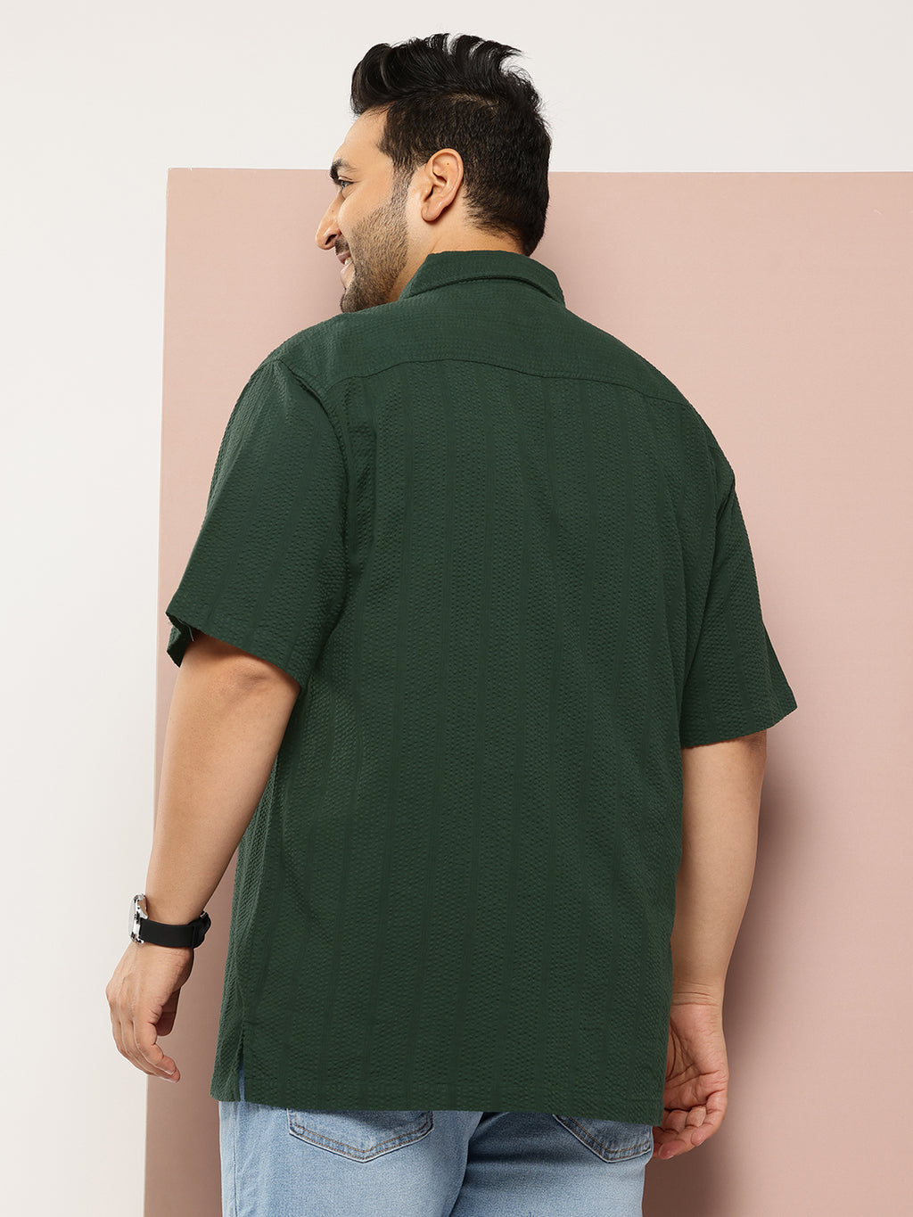 Thomas Scott Men Green Plus Size Regular Fit Short Sleeves Cotton Seersucker Shirt