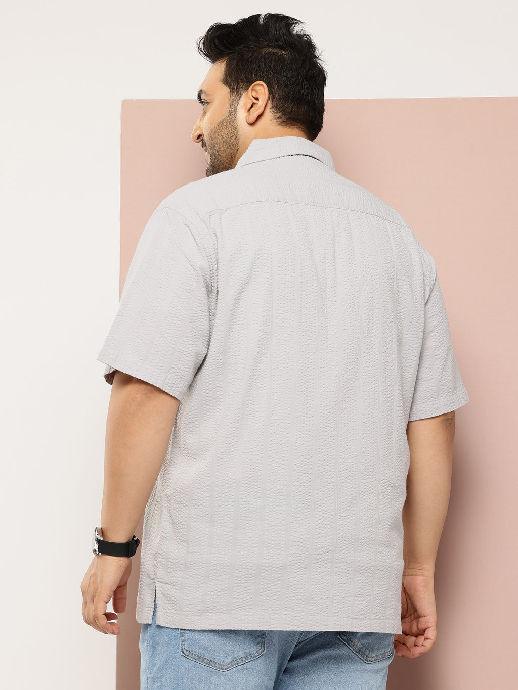 Thomas Scott Men Grey Plus Size Regular Fit Short Sleeves Cotton Seersucker Shirt