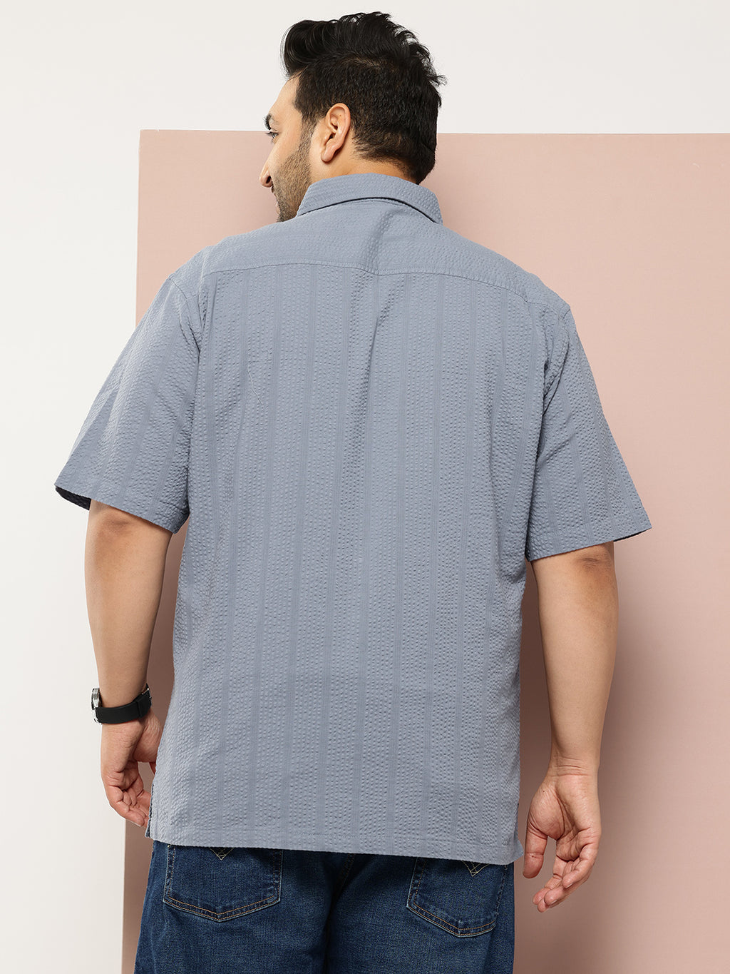 Thomas Scott Men Mid Blue Plus Size Regular Fit Short Sleeves Cotton Seersucker Shirt