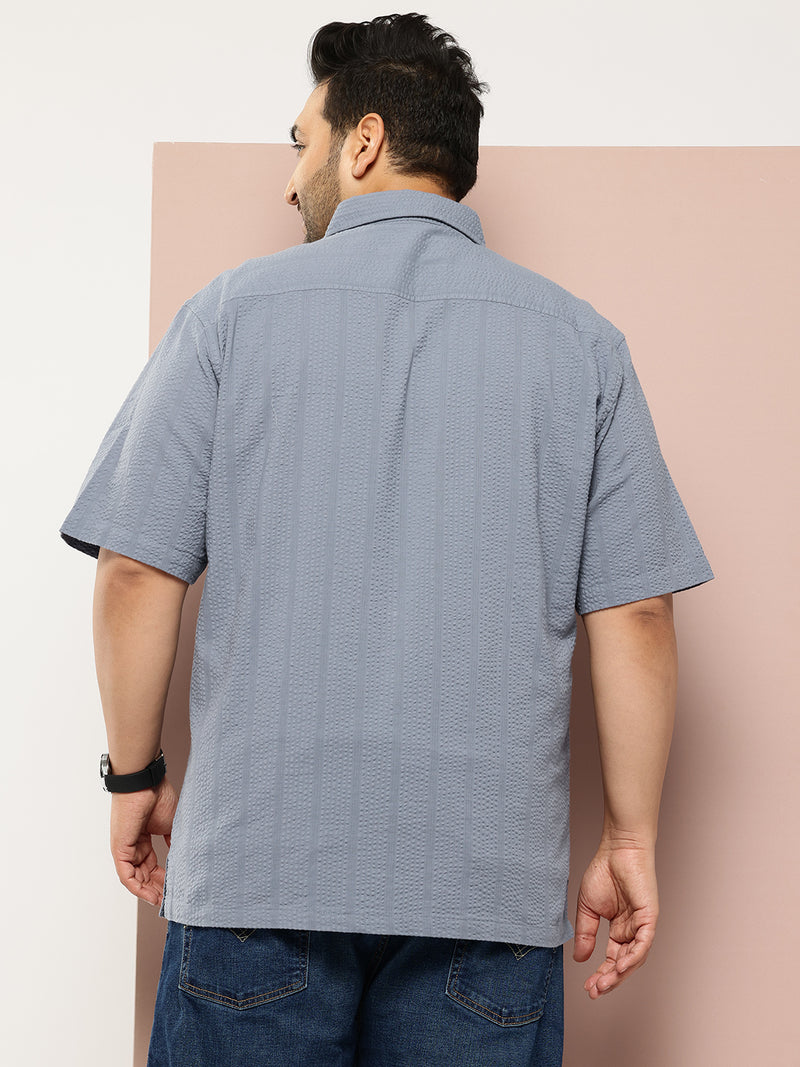 Thomas Scott Men Mid Blue Plus Size Regular Fit Short Sleeves Cotton Seersucker Shirt
