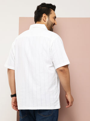 White Plus Size Regular Fit Short Sleeves Cotton Seersucker Shirt For Men