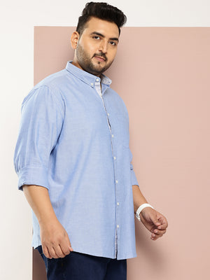 Blue Plus Size Regular Fit Long Sleeves Button-Down Collar Cotton Casual Shirt For Men