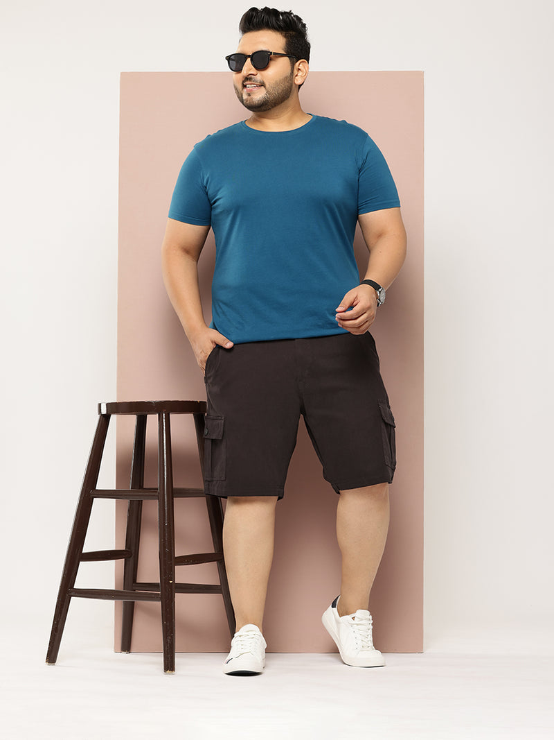 Thomas Scott Men Black Plus Size Regular Fit Mid-Rise Woven Cargo Shorts