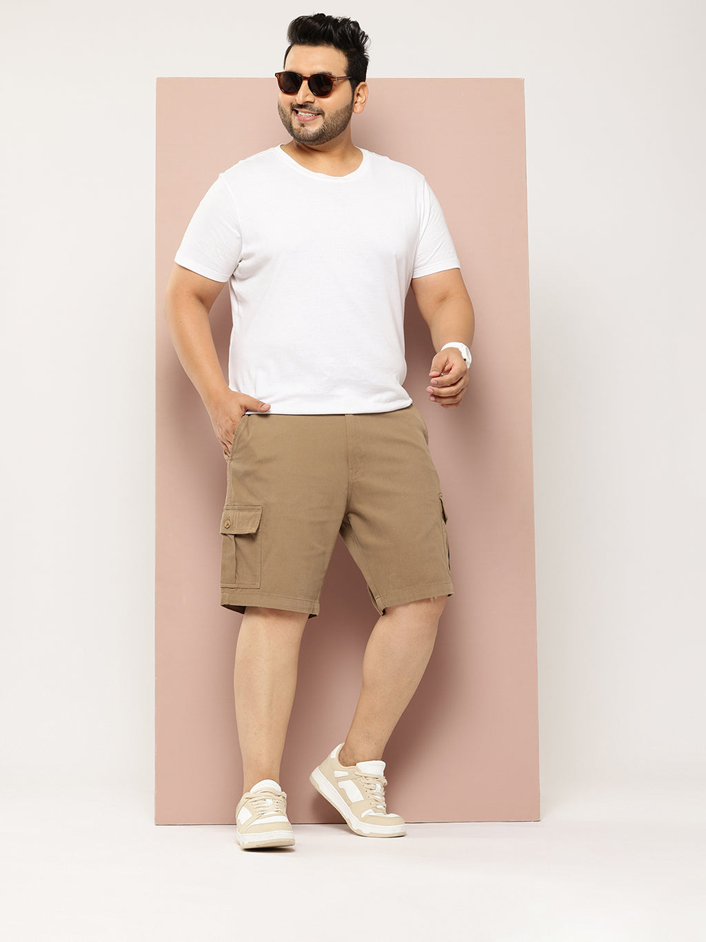 Thomas Scott Men Khaki Plus Size Regular Fit Mid-Rise Woven Cargo Shorts