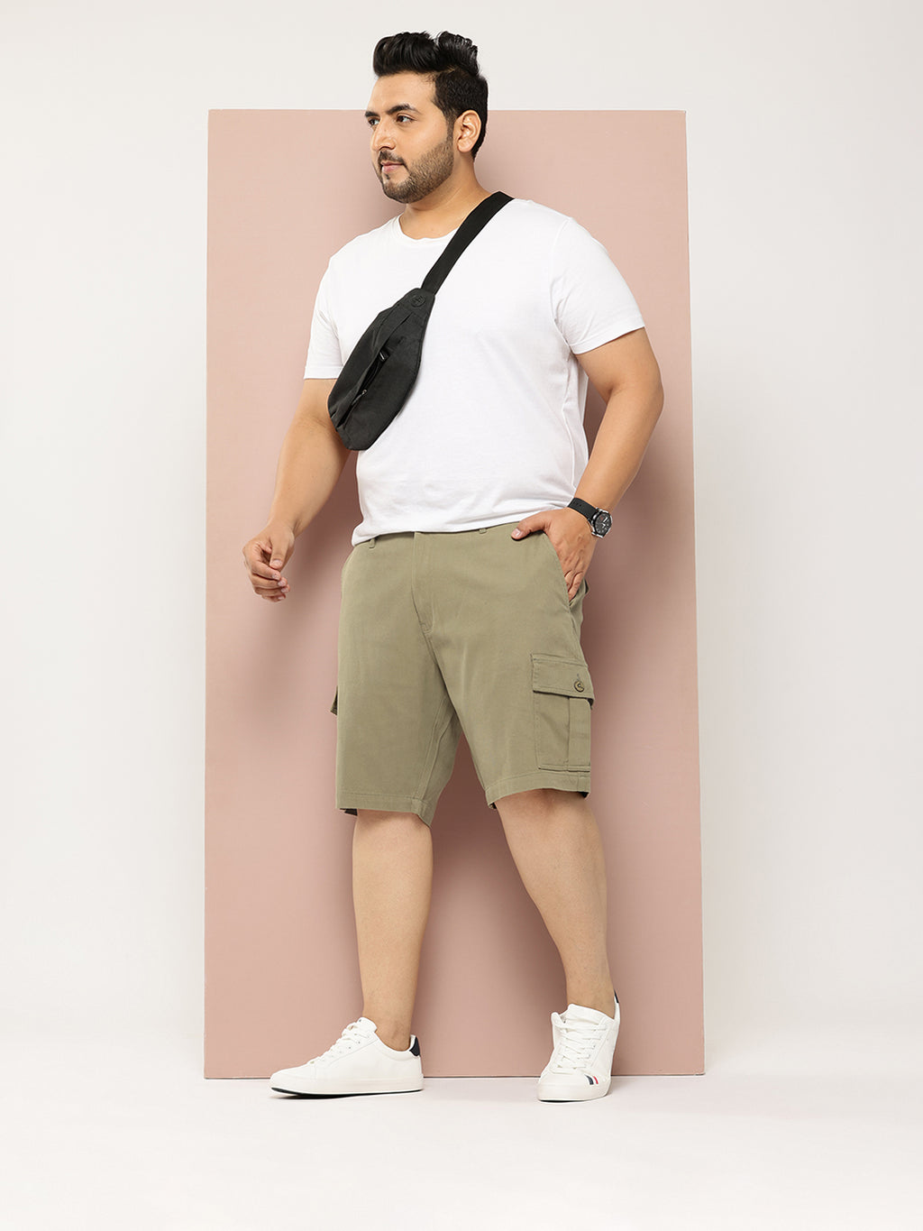 Thomas Scott Men Olive Plus Size Regular Fit Mid-Rise Woven Cargo Shorts