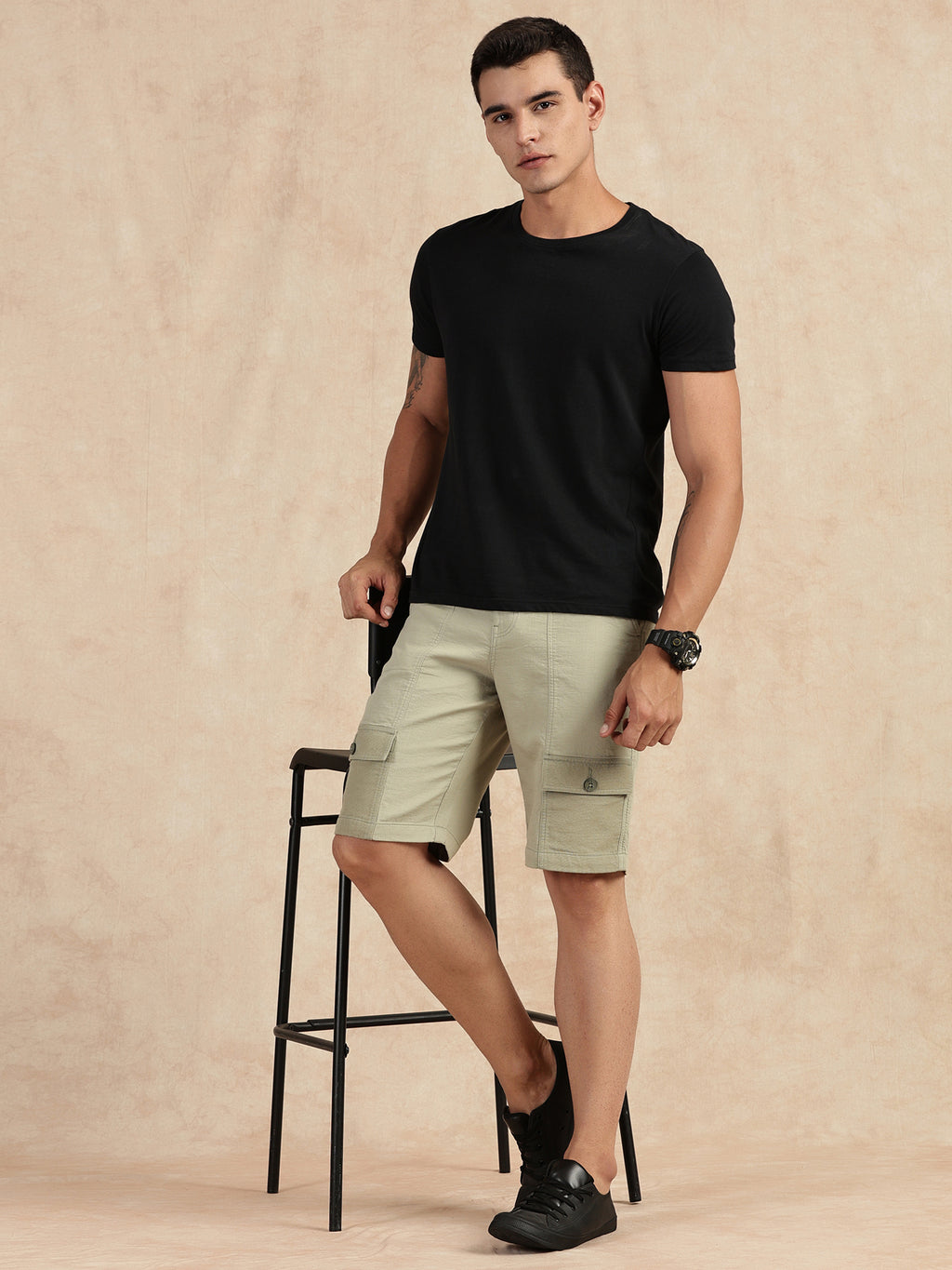 Thomas Scott Men Light Olive Straight Fit Mid-Rise Cargo Shorts