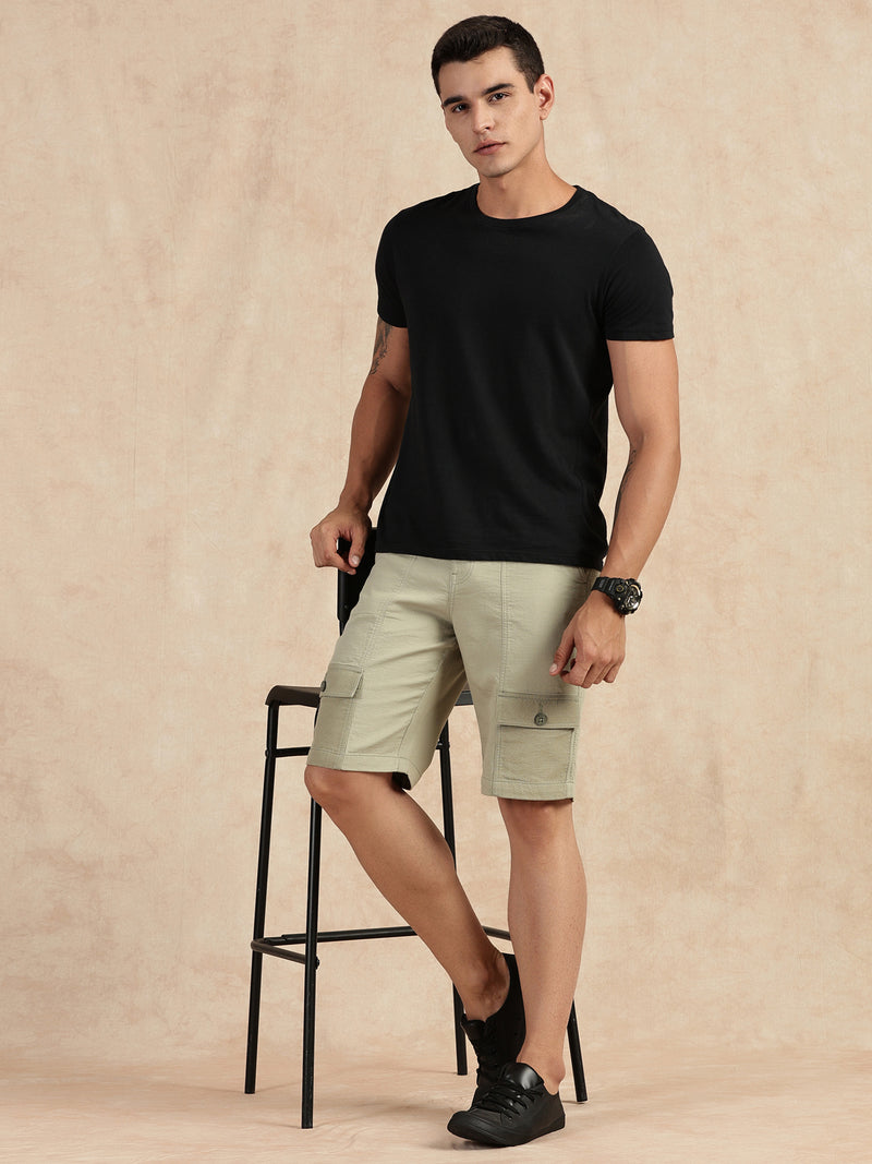 Thomas Scott Men Light Olive Straight Fit Mid-Rise Cargo Shorts
