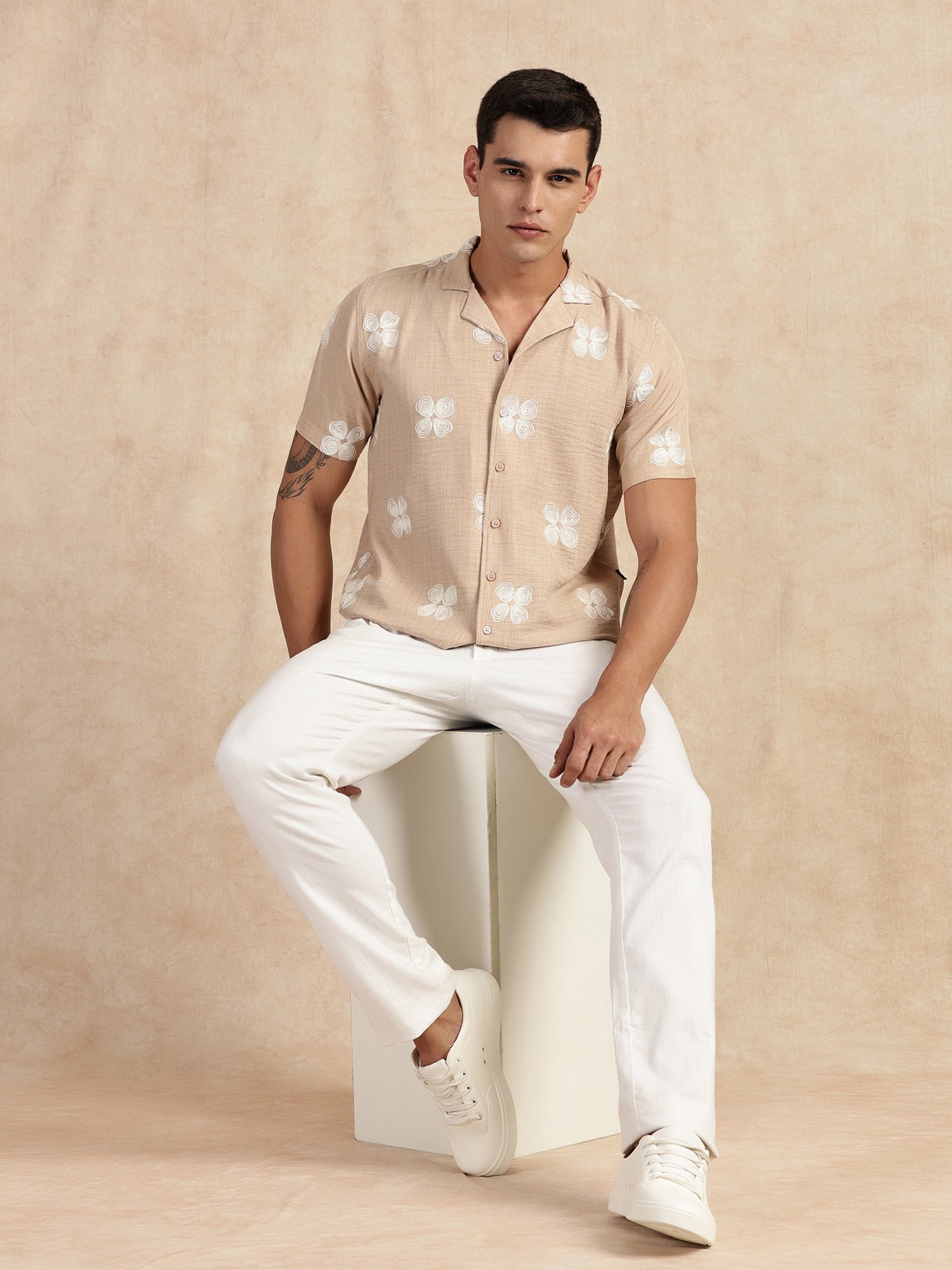 Thomas Scott Men Beige Regular Fit Short Sleeves Cuban Collar Embroidered Shirt
