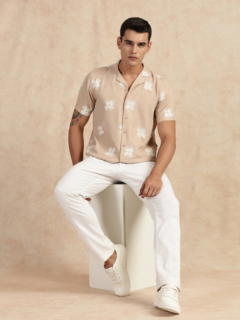 Thomas Scott Men Beige Regular Fit Short Sleeves Cuban Collar Embroidered Shirt