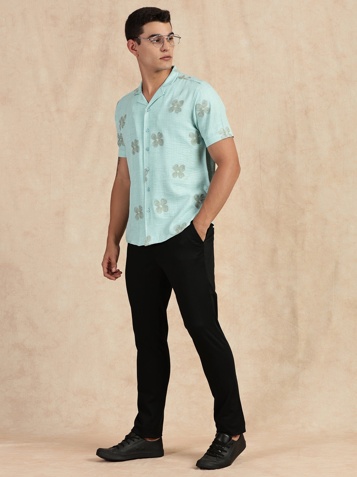 Thomas Scott Men Sky Blue Regular Fit Short Sleeves Cuban Collar Embroidered Shirt