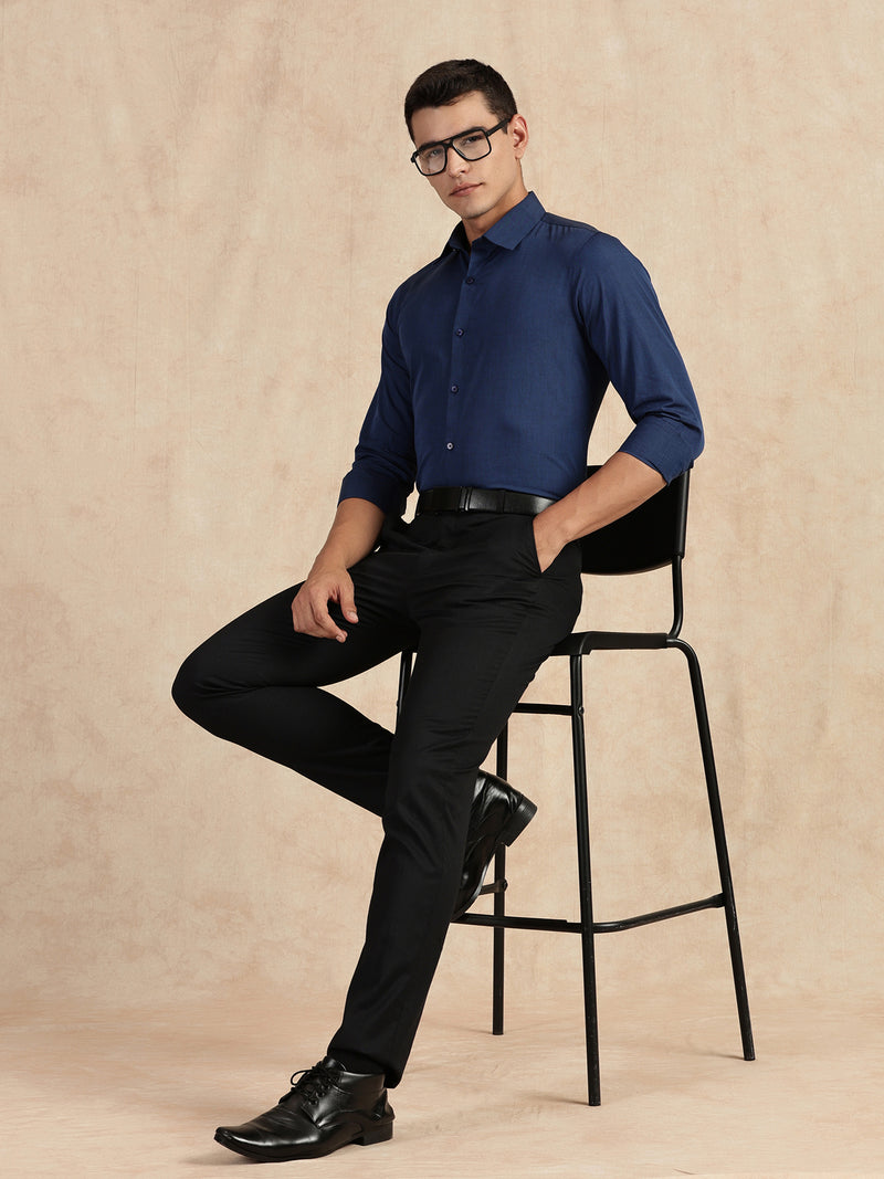 Thomas Scott Men Navy Slim Fit Long Sleeves Button-Down Collar Solid Filafil Formal Shirt