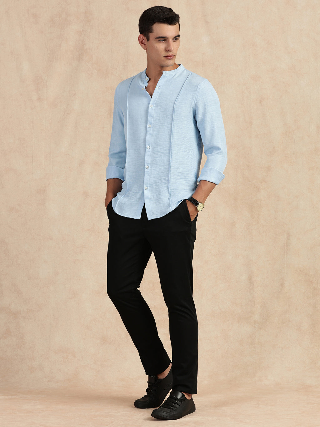 Thomas Scott Men Light Blue Slim Fit Long Sleeves Mandarin Collar Textured Casual Shirt