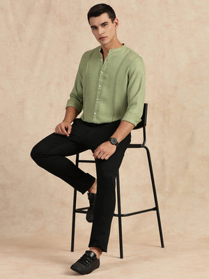 Thomas Scott Men Light Green Slim Fit Long Sleeves Mandarin Collar Textured Casual Shirt