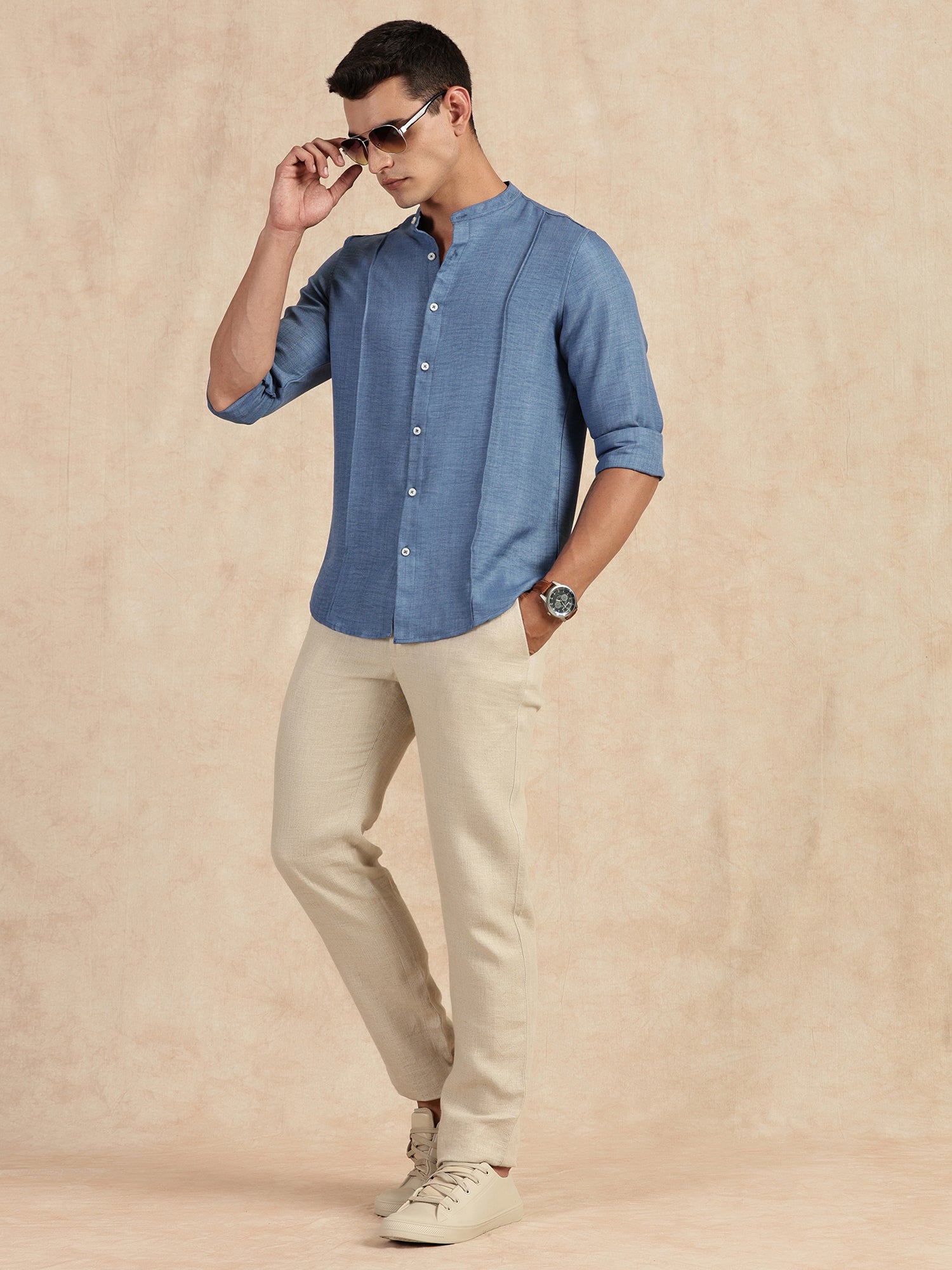 Thomas Scott Men Medium Blue Slim Fit Long Sleeves Mandarin Collar Textured Casual Shirt