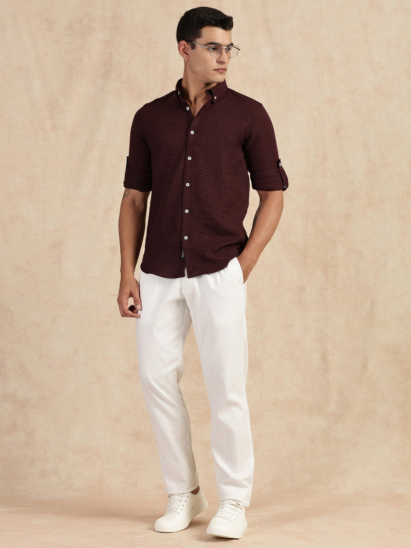 Thomas Scott Men Wine Slim Fit Long Sleeves Button-Down Collar Polyester Casual Shirt