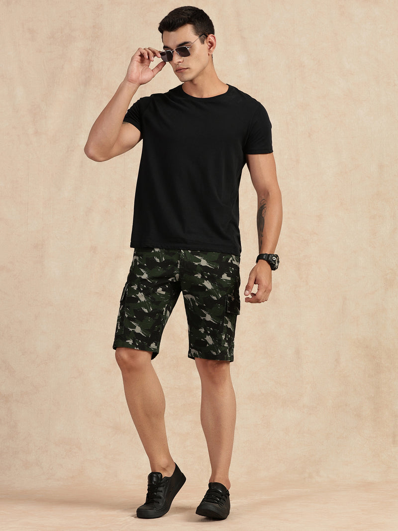 Thomas Scott Men Dark Olive Regular Fit Mid Rise Camouflage Cargo Shorts