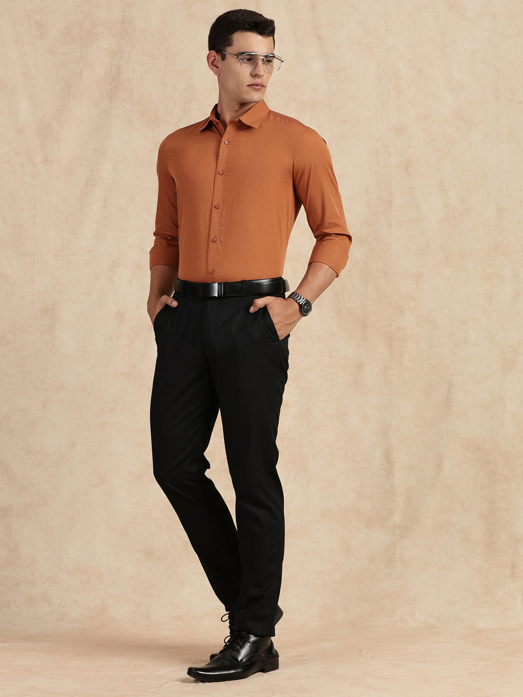 Thomas Scott Men Orange Slim Fit Long Sleeves Button-Down Collar Solid Filafil Formal Shirt