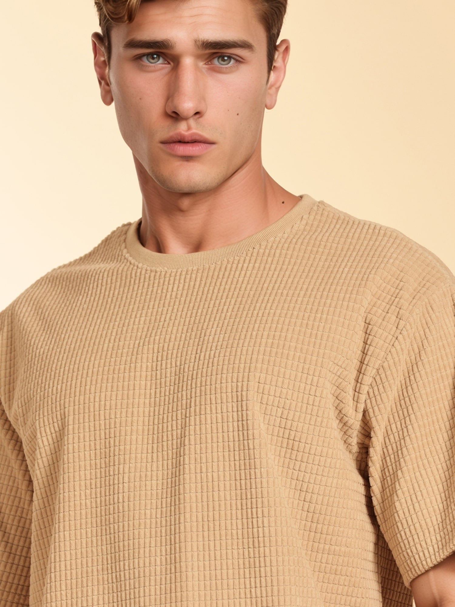 Thomas Scott Men Beige Towel Terry Oversized Short Sleeves Round Neck Solid Knitted Tshirt