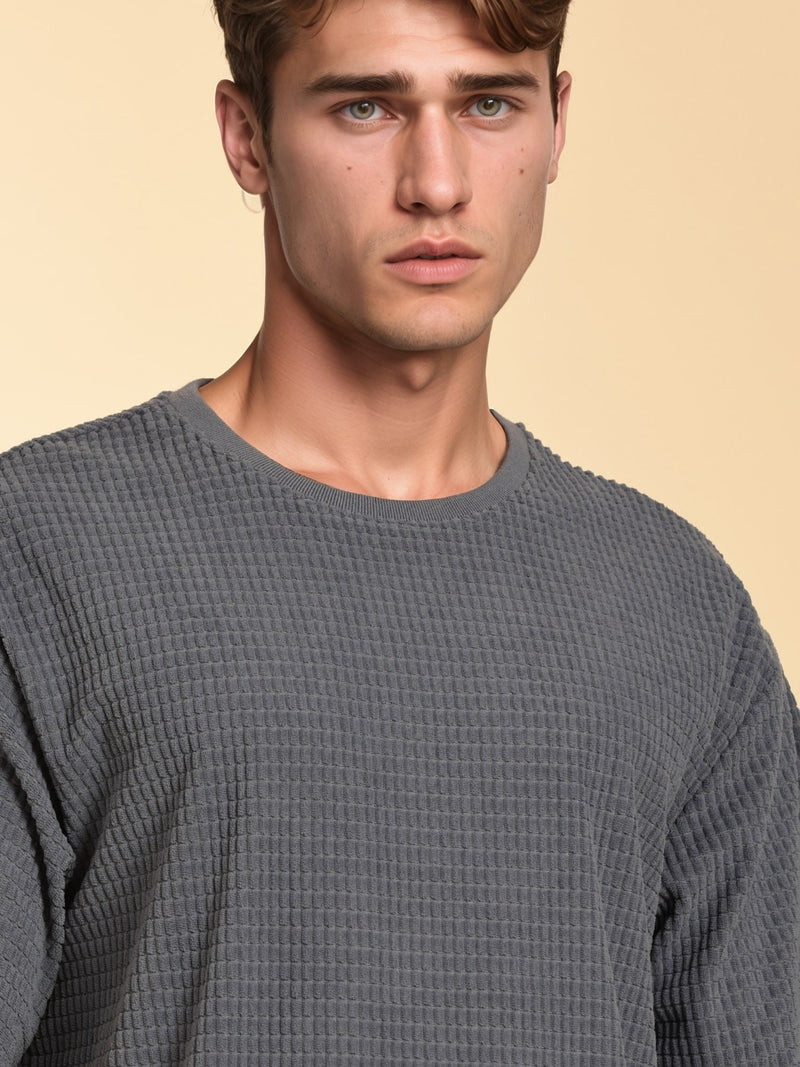 Thomas Scott Men Blue Towel Terry Oversized Short Sleeves Round Neck Solid Knitted Tshirt