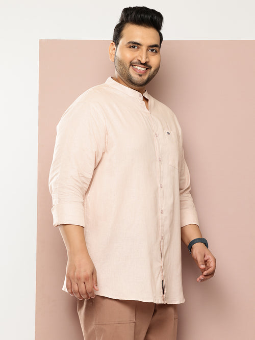 Thomas Scott Men Beige Premium Plus Size Regular Fit Long Sleeves Band Collar Solid Cotton Linen Casual Shirt