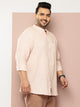 Thomas Scott Men Beige Premium Plus Size Regular Fit Long Sleeves Band Collar Solid Cotton Linen Casual Shirt