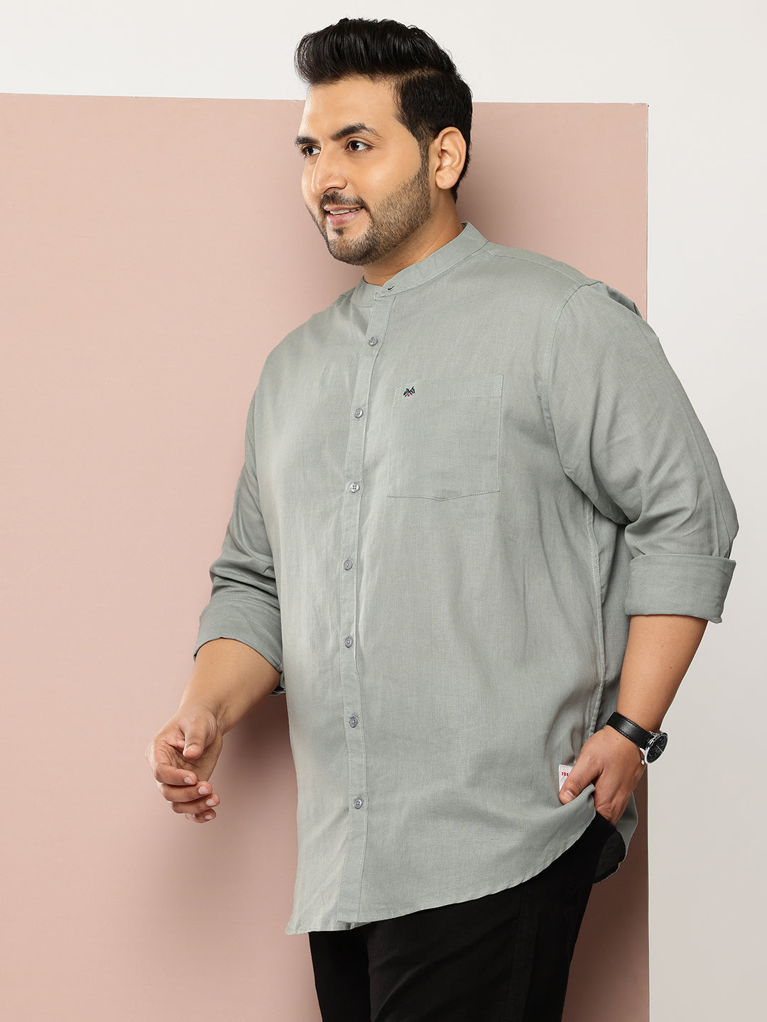 Thomas Scott Men Grey Premium Plus Size Regular Fit Long Sleeves Band Collar Solid Cotton Linen Casual Shirt