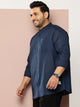 Thomas Scott Men Navy Premium Plus Size Regular Fit Long Sleeves Band Collar Solid Cotton Linen Casual Shirt