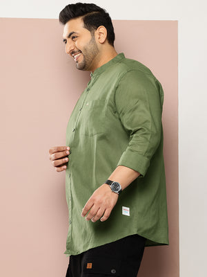 Olive Premium Plus Size Regular Fit Long Sleeves Band Collar Solid Cotton Linen Casual Shirt For Men