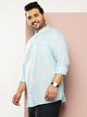 Thomas Scott Men Sky Blue Premium Plus Size Regular Fit Long Sleeves Band Collar Solid Cotton Linen Casual Shirt