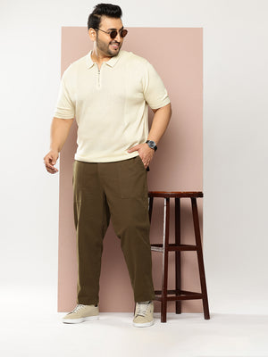 Thomas Scott Men Dark Olive Plus Size Smart Easy Wash Regular Fit Mid-Rise Solid Woven Trouser