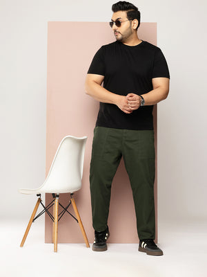 Green Plus Size Smart Easy Wash Regular Fit Mid-Rise Solid Woven Trouser For Men